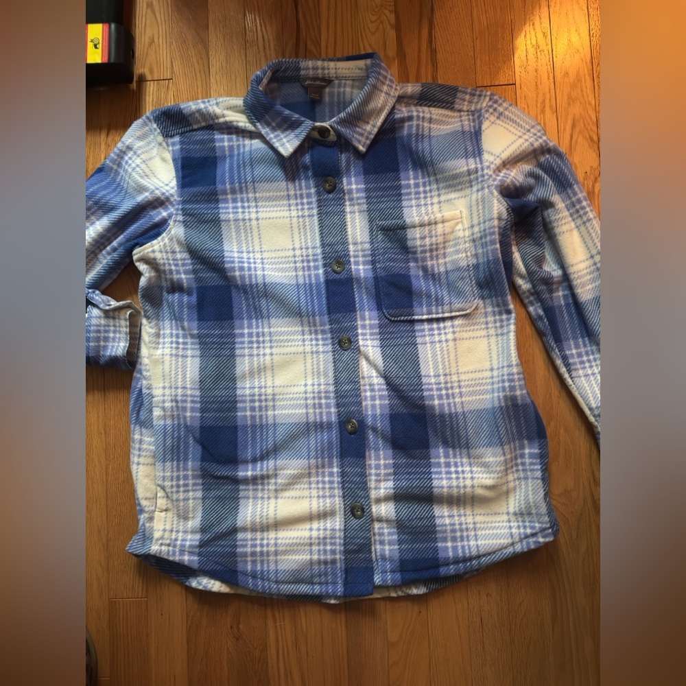 Eddie Bauer Blue and White super soft Plaid Button-Up Shirt/Jacket, size Large - Picture 7 of 7